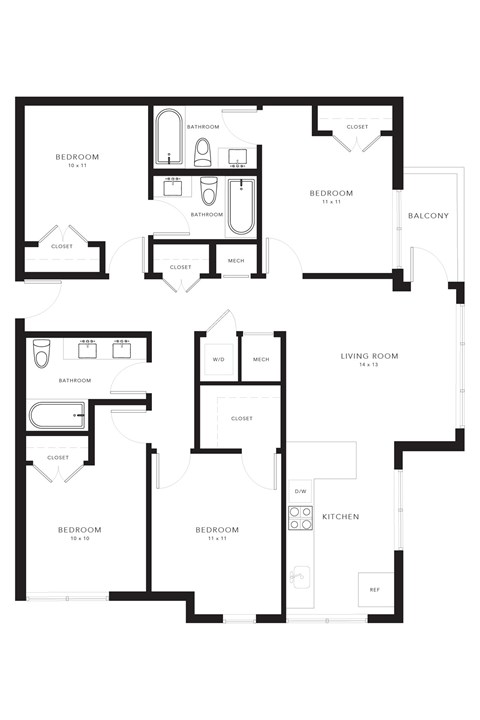 Floor plan for 4 beds, 2 baths, 1242 sqft